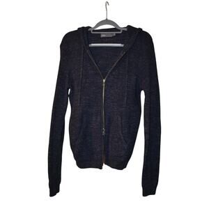 Vince Wool Linen Double Full Zip Up Hoodie elbow patch Navy Blue Size Large